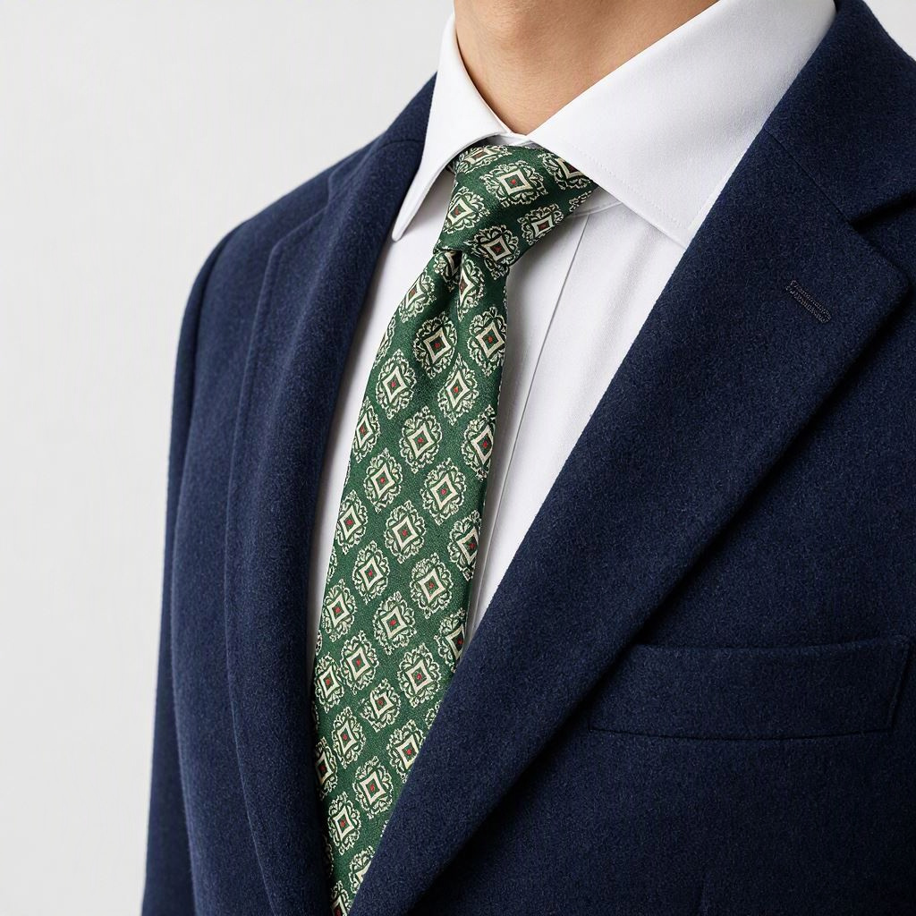 Cravate satinée motif médaillon fleuri — Vert forêt