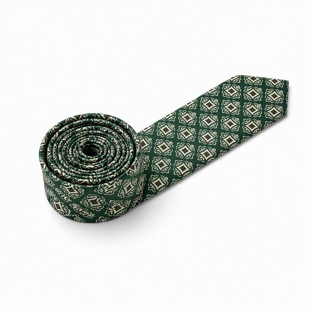Cravate satinée motif médaillon fleuri — Vert forêt