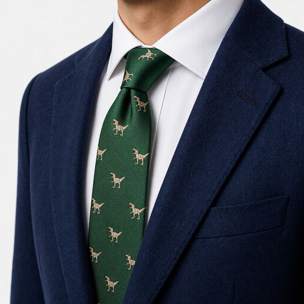 Cravate soie motif dinosaure jacquard — Vert sapin – Image 2