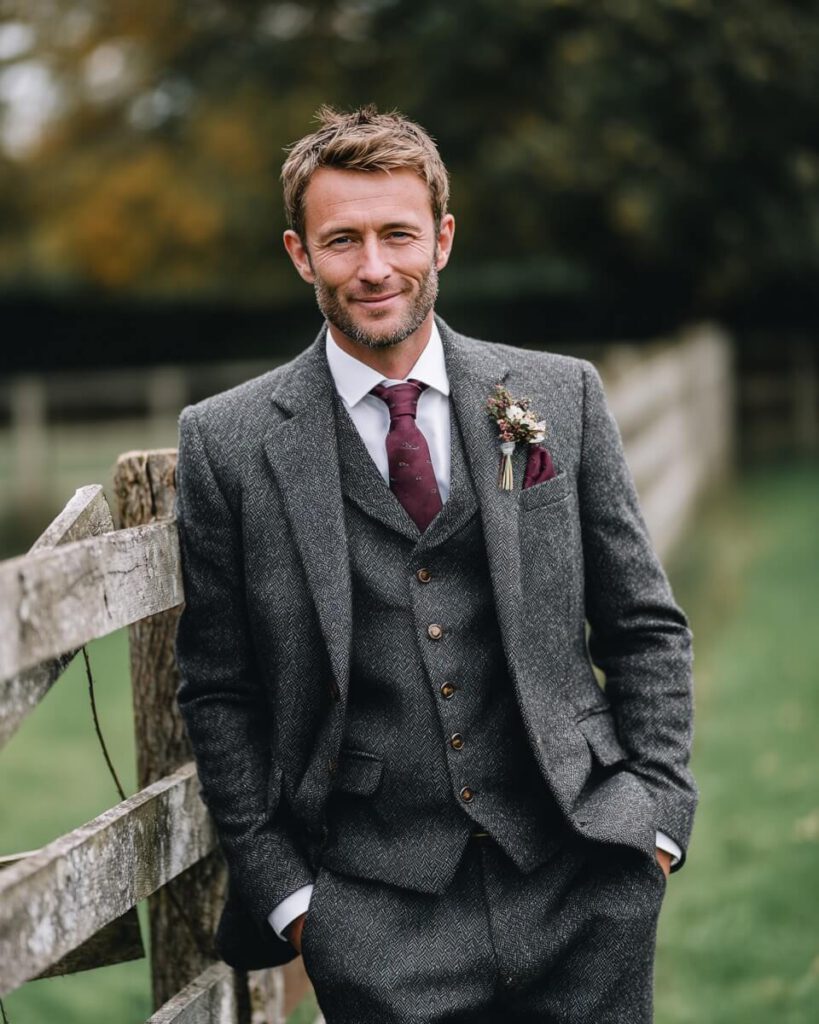 Look de saison : costume gris et cravate bordeaux, l'accord parfait